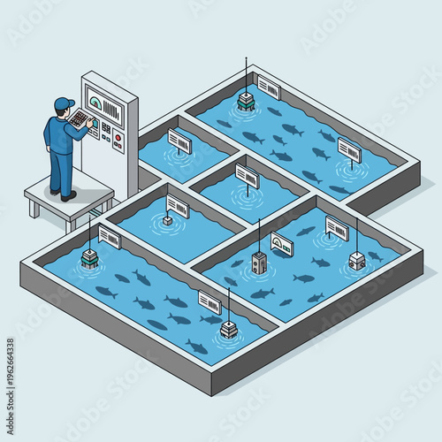 Isometric illustration of fish farm worker monitoring aquatic systems.