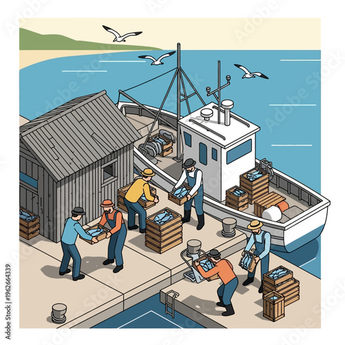 Fishermen unloading catch at a dock.