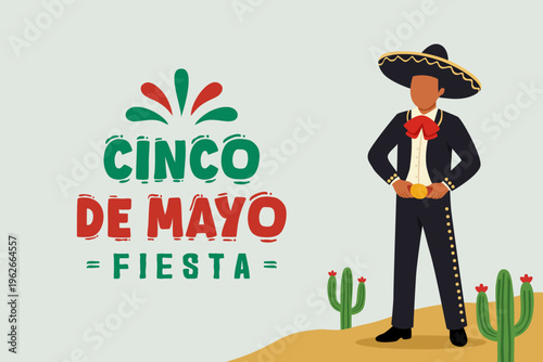 Cinco de Mayo illustration featuring a traditional Mexican mariachi man in classic outfit with sombrero, festive typography, and desert cactus elements.