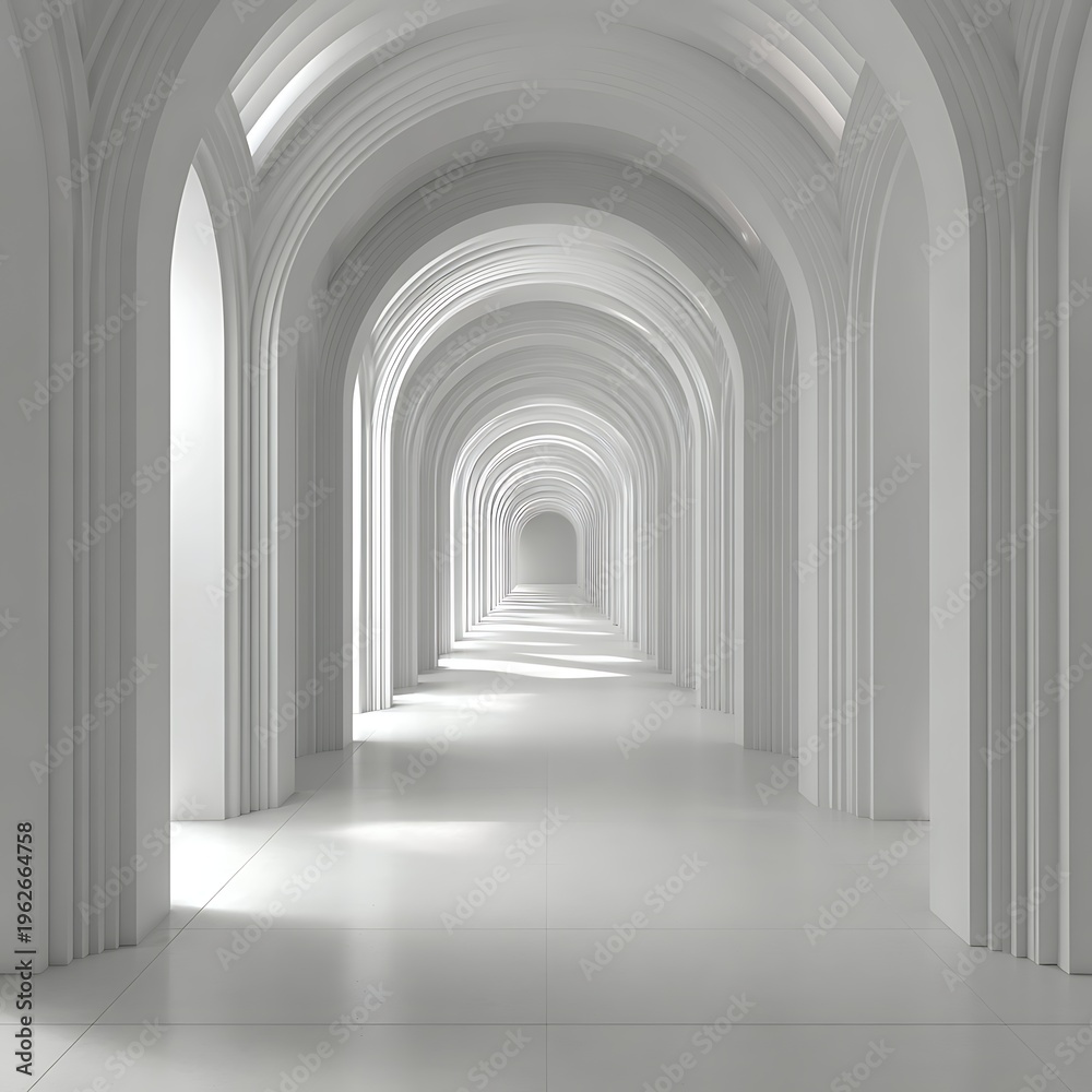 Obraz premium Serene White Arched Corridor with Dramatic Light and Shadow Play, Modern Architectural Hallway, Minimalist Interior Design, 3D Rendering