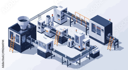 Modern industrial manufacturing plant with automated machinery and conveyor belts.