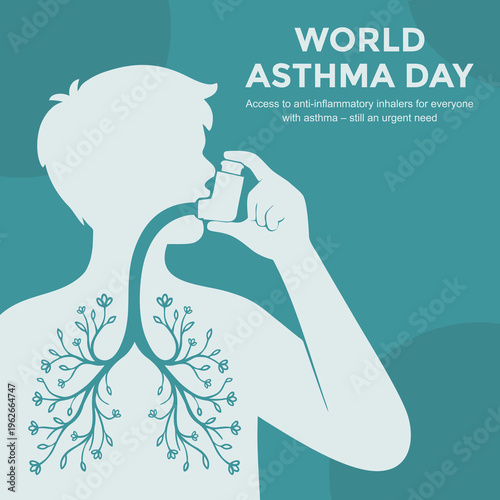 World Asthma Day poster with silhouette of a person using an inhaler and connected lungs visualization, highlighting the importance of access to anti-inflammatory inhalers for people with asthma