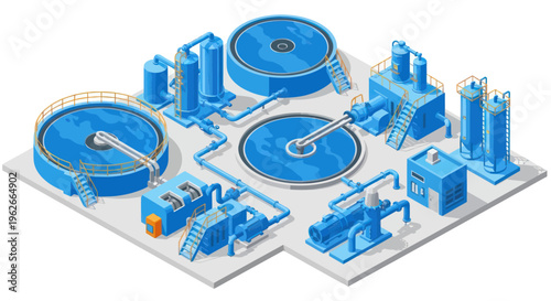 Modern Water Treatment Plant Infrastructure Isometric View.