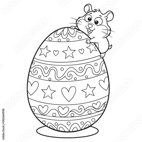 Easter Coloring Page Cute Mouse with Decorative Egg Cartoon Line Art
