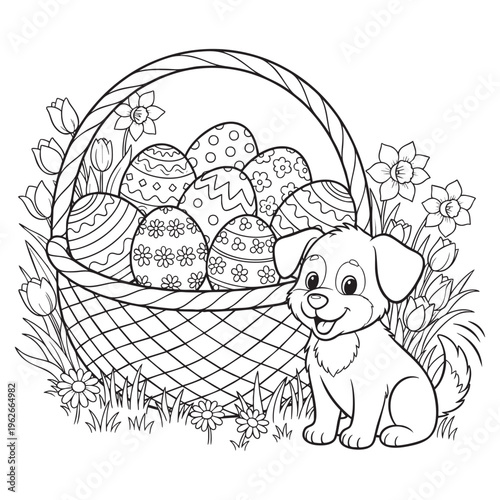 Easter Coloring Page Basket Eggs Puppy Cute Spring Line Art for Kids
