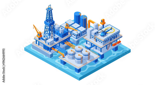 Offshore oil rig platform with drilling derrick and storage tanks.