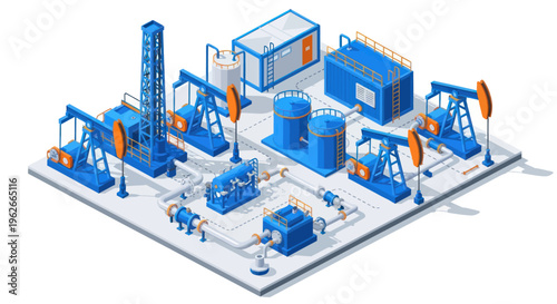 Oil Rig and Pumping Jacks Industrial Complex Isometric View.