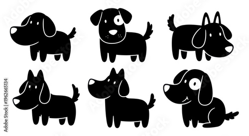 Set of six cute black dog silhouettes in different poses.