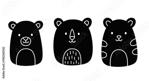 Three Cute Black Bear Silhouettes with White Details.