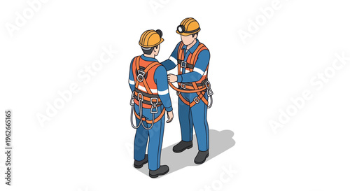 Two construction workers in safety gear discussing a project outdoors.