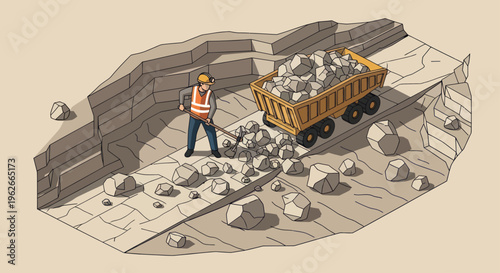Worker and dump truck in a quarry mining operation.