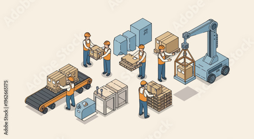 Warehouse workers and automated machinery in a logistics operation.