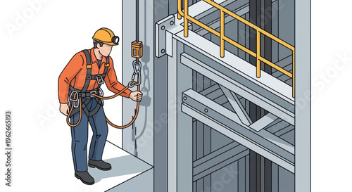 Worker in safety harness and hard hat with headlamp.