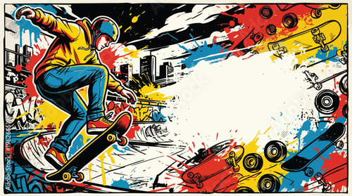 Skateboarder Performing Trick in Urban Setting with Paint Splashes Dynamic Design