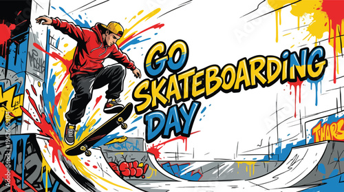 Skateboarding Man Performing a Kickflip on Go Skateboarding Day in Urban Park