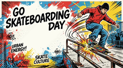 Skateboarding Day Urban Skater Grinding Rail with Sparks and Motion Lines