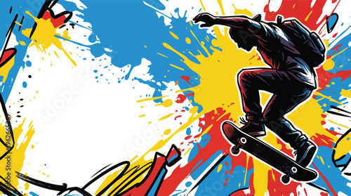Skater Silhouette Jumping over Artistic Paint Splashes Minimal Composition