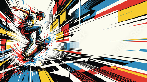 Skateboarding Boy in a Graphic Motion Background with Bold Street Lines