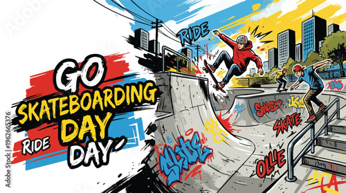 Skateboarding Day Celebration with Skaters Performing Tricks at an Urban Skatepark