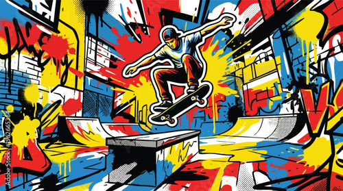 Skateboarding Day Urban Abstract Art Background with Jumping Skater