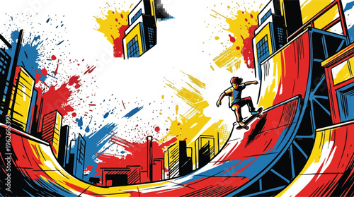 Skateboarding Illustration with Colorful Urban Ramp and Grunge Paint Splatters