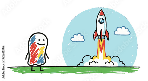 a cartoon character watches a rocket launch.