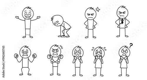 A set of stick figures with various emotions and reactions.
