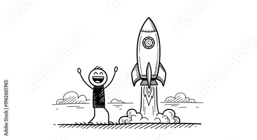 A stick figure celebrates a rocket launch.