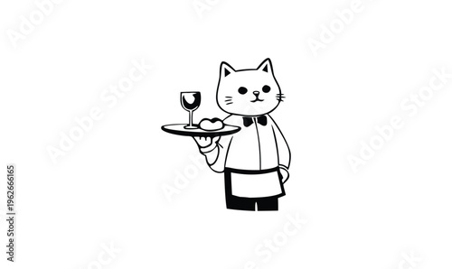 Cute Cat Waiter Serving Food Cartoon Vector Illustration