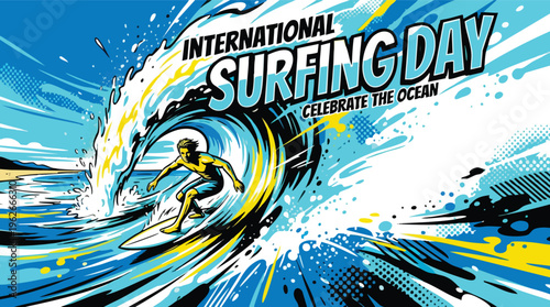 Surfing Background Graphic Surfer Riding a Powerful Wave with an Ocean Splash