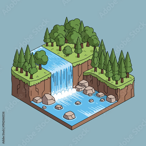 Isometric illustration of a waterfall landscape.