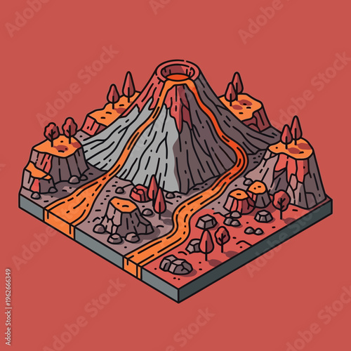 Illustration of a volcanic landscape scene.