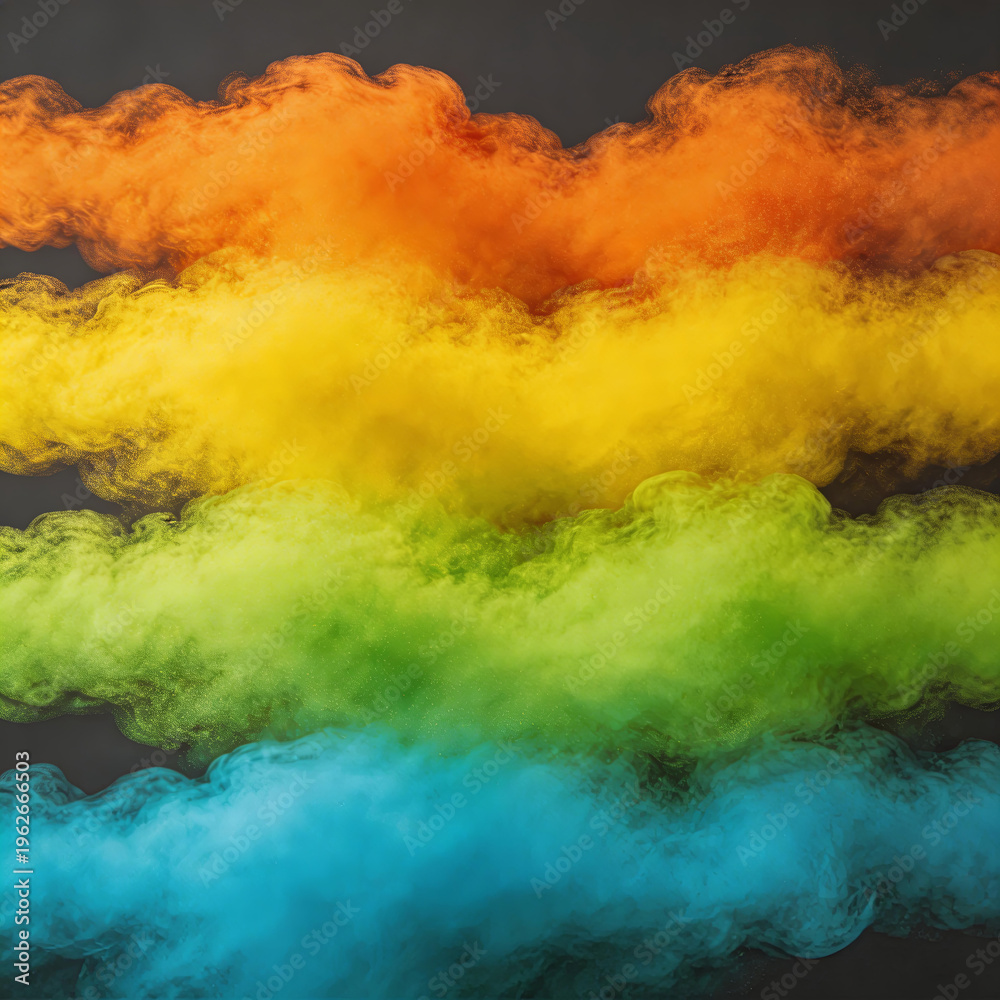 Fototapeta premium Abstract image of vibrant rainbow-colored smoke layers against a dark backdrop, showcasing fluid, dynamic, and colorful visual effects with smooth transitions and vivid hues.