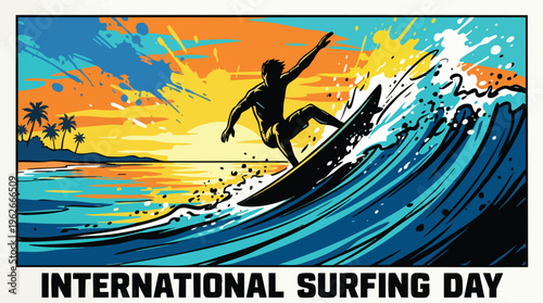 Surfer Silhouette Against Sunset Horizon Wave for International Surfing Day