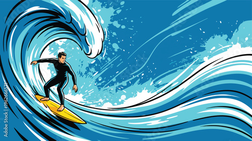 Surfer Riding Ocean Wave Minimal Composition Vector Illustration for International Surfing Day