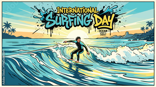 Surfing Celebration Ocean Theme with Surfer on a Wave at Sunset