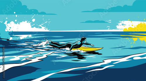 Surfer Paddling on a Minimal Blue Ocean Scene in a Fantasy Art Style