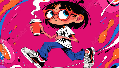 ネオンピンクのストリートアート背景、コーヒーを持つY2Kファッションの女性、横長イラスト