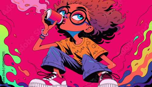 ネオンピンクのストリートアート背景、コーヒーを持つY2Kファッションの女性、横長イラスト