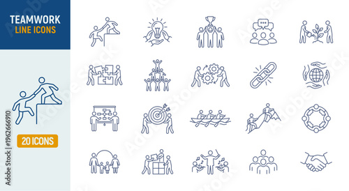Teamwork line icon set. Business team work communication people support discussion. Cooperation community conversation.