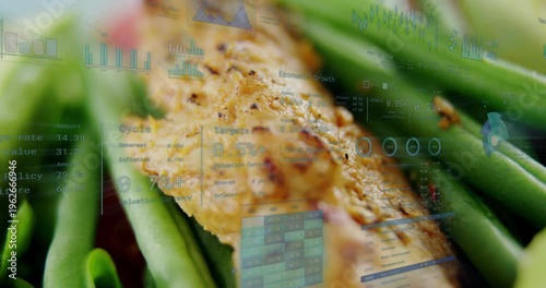 Camera pushing in and tracking grilled fillet for food ad, avocado entering, chart overlays sliding