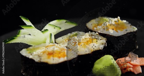 Camera shifting right, pushing forward, revealing sushi rolls, sesame, sauce, halftone for food ads