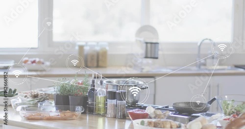 Culinary counter cluster with wireless icons appearing near pot and oil, linking herbs, pans, sink