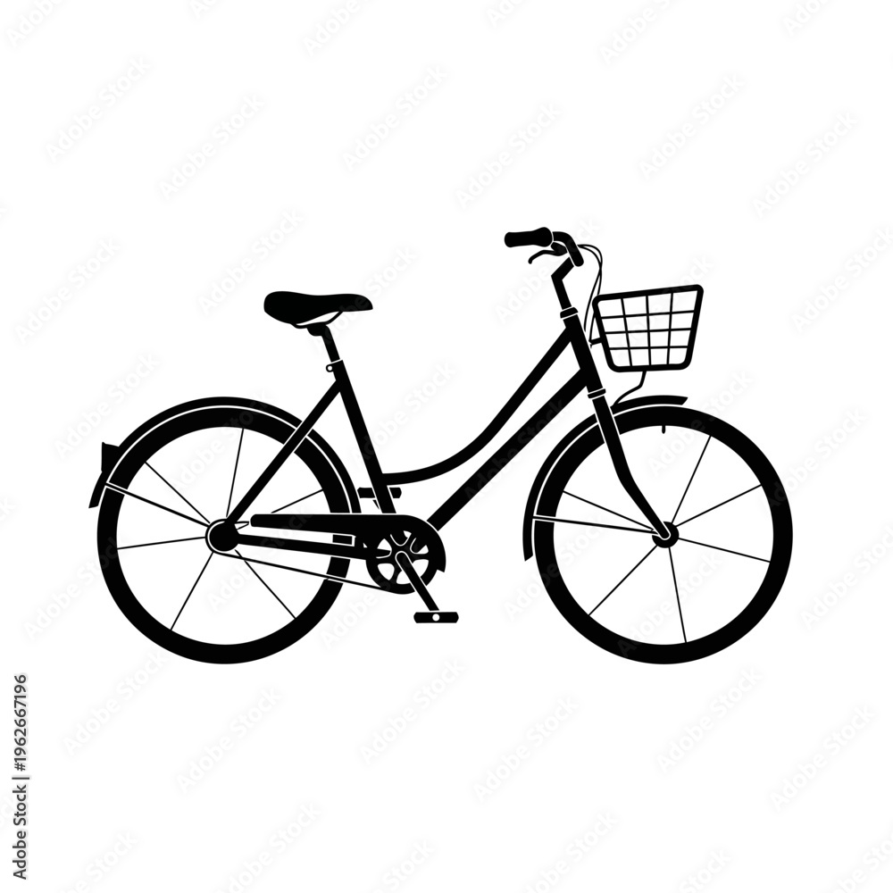 Fototapeta premium Clean black silhouette illustration of a classic city bicycle with a functional front basket, symbolizing urban travel, eco-friendly transport, and relaxed leisure rides