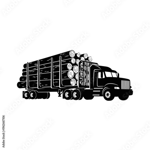 Illustration of a log truck carrying a large load of timber, symbolizing the logging industry and forestry operations in a graphic format