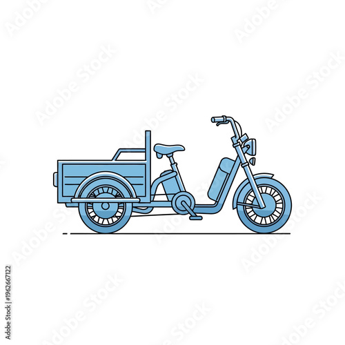 A detailed line art illustration of a light blue electric cargo trike with a cargo bed and a single seat, perfect for urban delivery and eco-friendly transport solutions
