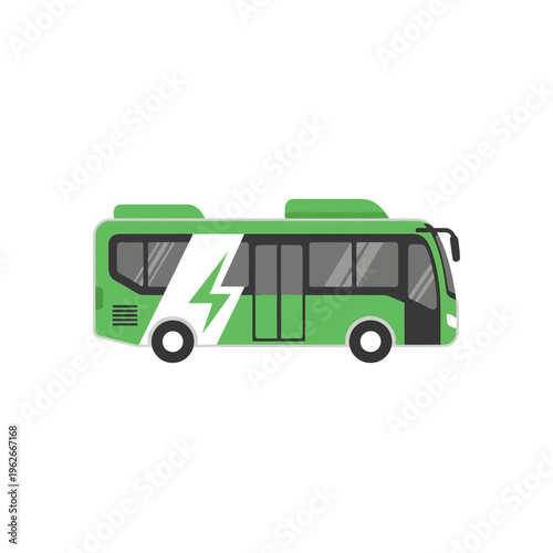 Modern green electric bus with a lightning bolt symbol, representing eco-friendly transportation and sustainable mobility solutions for urban commutes