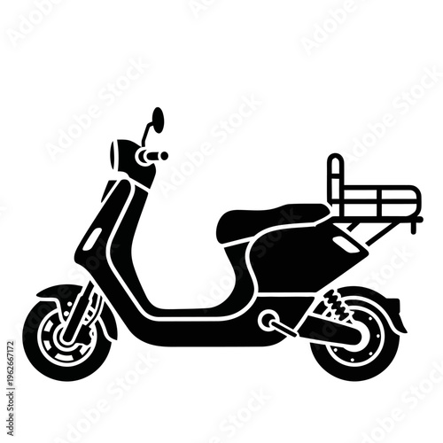 Silhouette of a modern electric scooter with a rear cargo rack, perfect for urban commuting and delivery services