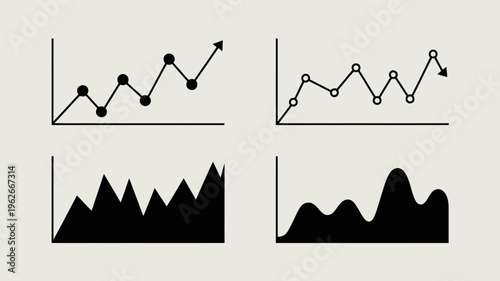 This image displays four distinct graphs line graphs showing fluctuating data and solid shape graphs representing volume high quality professional detailed modern elegant stylish clean crisp