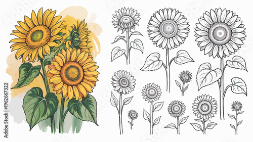 A vibrant collection of sunflowers is displayed showcasing both full color and grayscale botanical illustrations for artistic design high quality professional detailed modern elegant stylish clean
